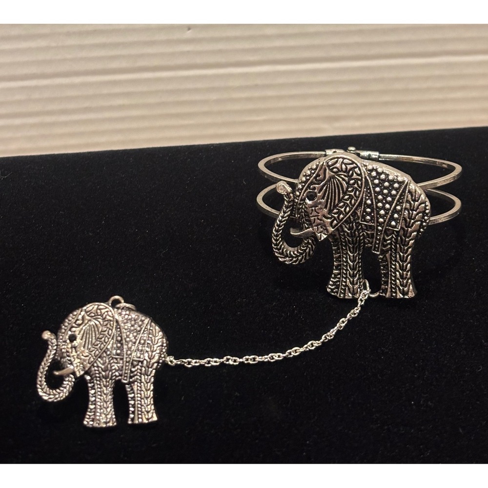 Silver Tone Elephant Slave Bracelet Hand Harness with Matching Ring Boho Cuff